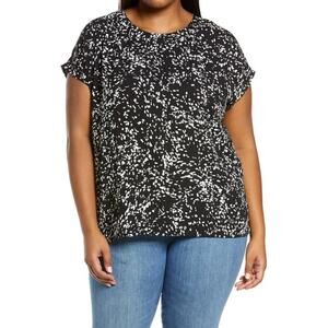 HALOGEN NEW $49 Cap Sleeve Blouse Black/Ivory‎ Mackenna Dot 2X